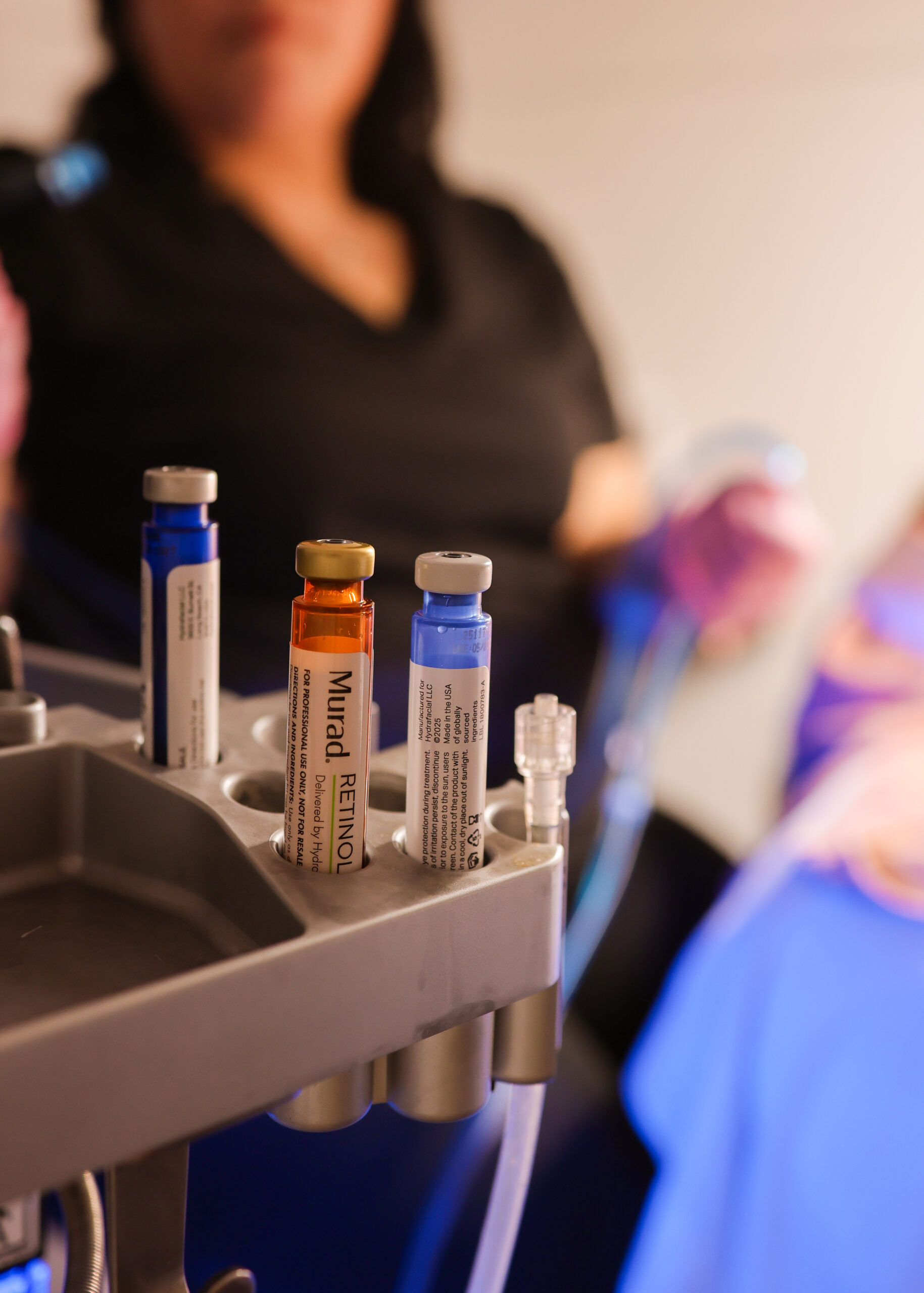 Hydrafacial serum vials on the treatment cart at Viva Vitality, Lakeland, Florida