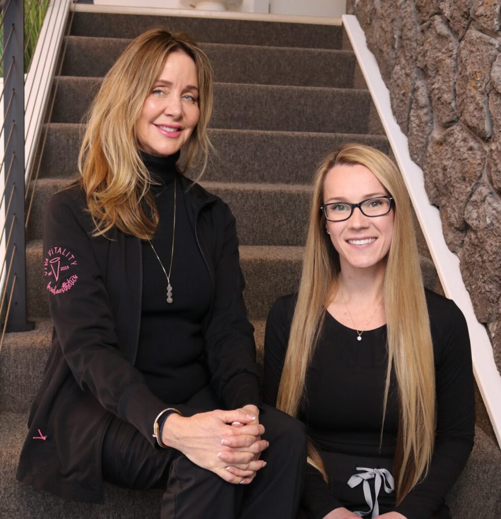 Two smiling women at Viva Vitality MedSpa in Lakeland, FL, representing the clinic’s welcoming, personalized approach to aesthetics and wellness